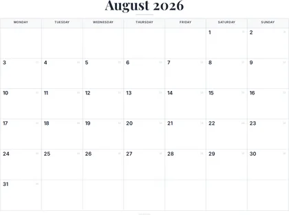 August 2026 Calendar thumbnail