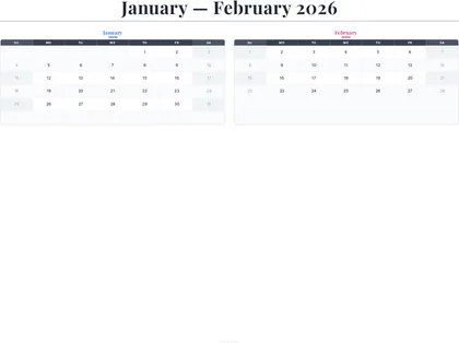 January–February 2026 Calendar thumbnail