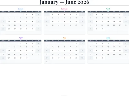 January–June 2026 Calendar thumbnail